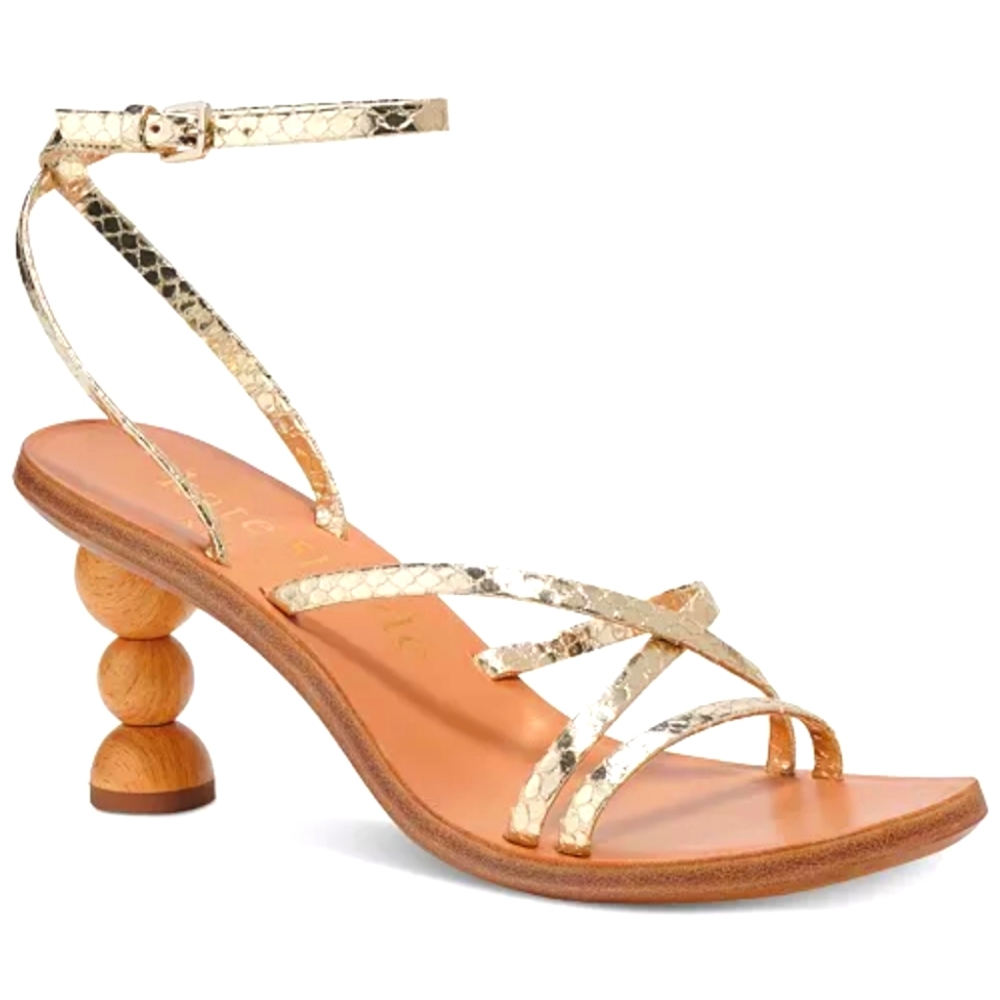 Kate Spade snake print sandals in pale gold.